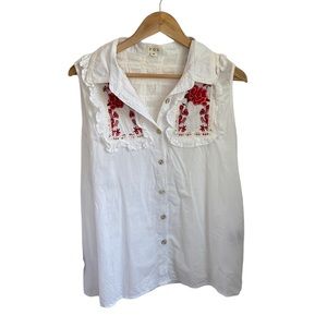 POL Embroidered Floral White Tank Top with Ruffle Size M